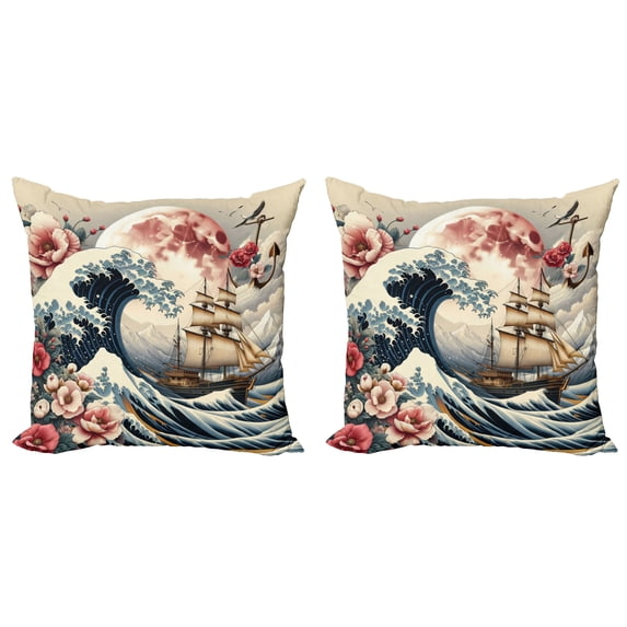 Ambesonne Nautical Throw Pillow Cover 2 Pack, Floral Japanese Wave Moon, 16", Blue Pink Eggshell