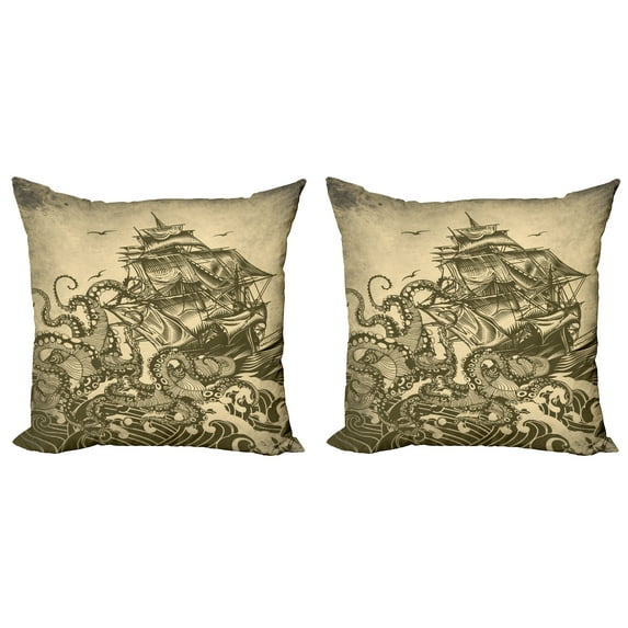 Ambesonne Nautical Throw Pillow Cover 2 Pack, Retro Ship Octopus Theme, 24", Yellow Olive