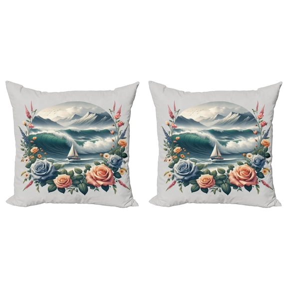 Ambesonne Nautical Throw Pillow Cover 2 Pack, Sailboat in Rose Wreath, 24", Teal Salmon and Slate Blue