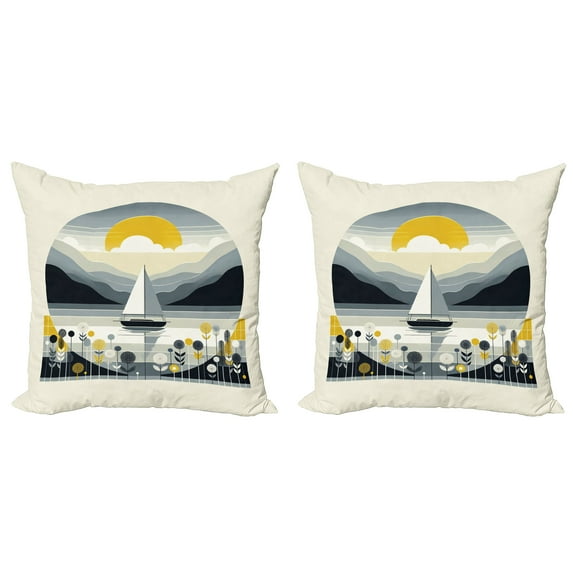 Ambesonne Nautical Throw Pillow Cover 2 Pack, Scandinavian Sailboat Sea, 16", Blue Grey and Earth Yellow
