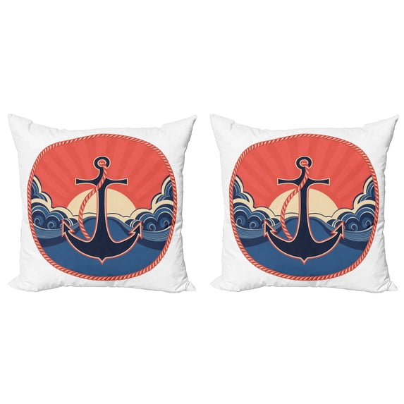 Ambesonne Nautical Throw Pillow Cover 2 Pack, Sea Waves at Sunset, 20", Red Blue Yellow