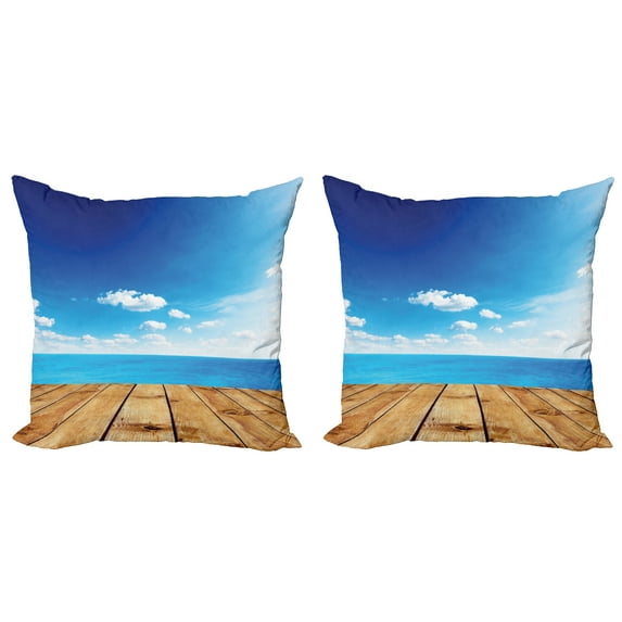Ambesonne Nautical Throw Pillow Cover 2 Pack, Seascape Cloudy Beach, 18", Blue White Brown