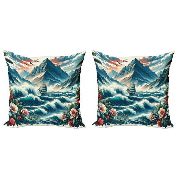 Ambesonne Nautical Throw Pillow Cover 2 Pack, Seascape Waves Mountains, 16", Sea Blue and Dark Coral
