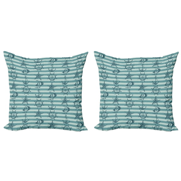 Ambesonne Nautical Throw Pillow Cover 2 Pack, Ship Wheel Anchor, 16", Teal Beige