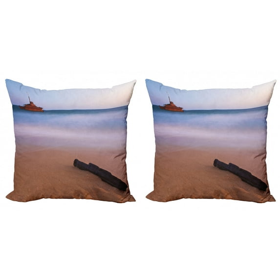 Ambesonne Nautical Throw Pillow Cover 2 Pack, Shipwreck on Sea Dusk, 16", Multicolor