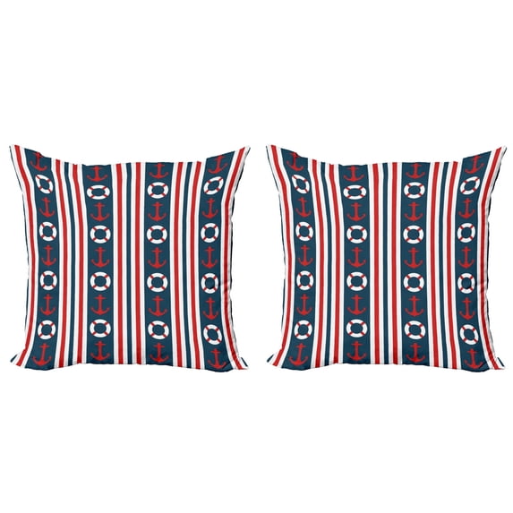 Ambesonne Nautical Throw Pillow Cover 2 Pack, Stripes Maritime, 16", Indigo Red White