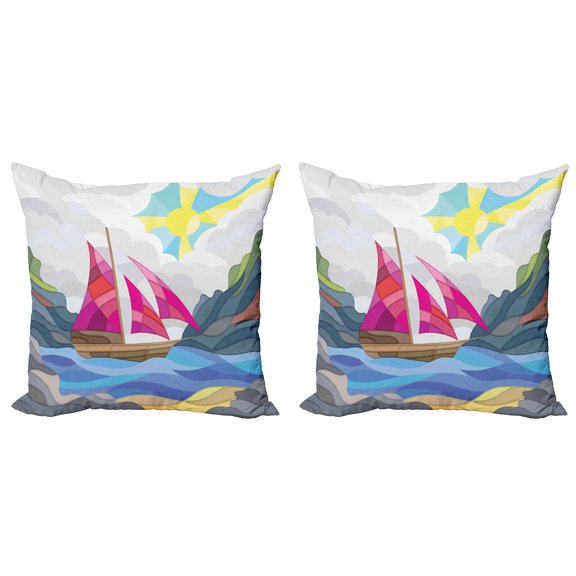 Ambesonne Nautical Throw Pillow Cover 2 Pack, Sun Sail Boat Vitray, 20", Multicolor