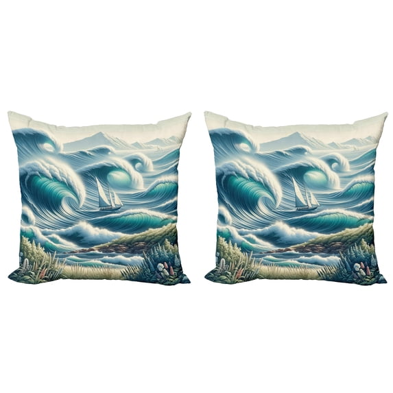Ambesonne Nautical Throw Pillow Cover 2 Pack, Swirling Huge Waves Boat, 20", Reseda Green Teal and Blue