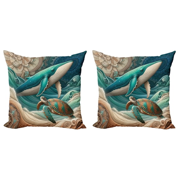 Ambesonne Nautical Throw Pillow Cover 2 Pack, Teal Ocean Whale Turtle, 20", Teal Ecru and Pale Cinnamon