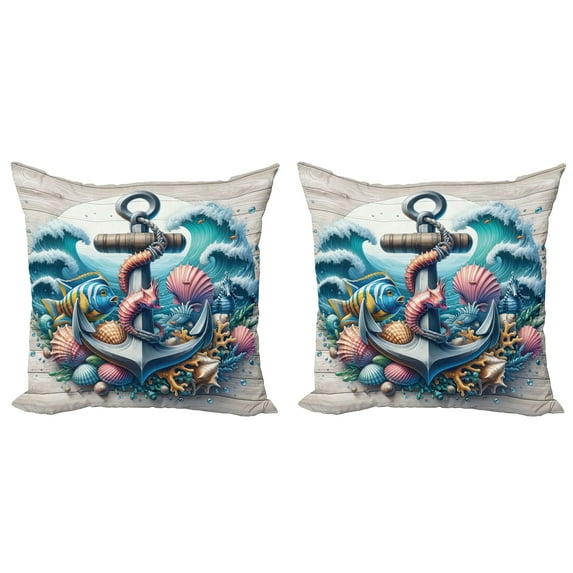 Ambesonne Nautical Throw Pillow Cover 2 Pack, Underwater Around Anchor, 16", Teal Pink and Coconut