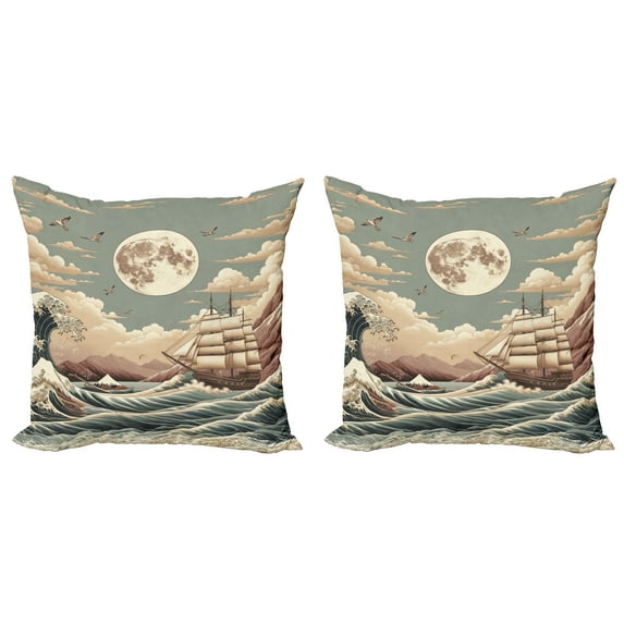 Ambesonne Nautical Throw Pillow Cover 2 Pack, Waves Ship Japanese Style, 20", Pale Teal Tan Dried Rose