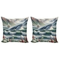 thumbnail image 1 of Ambesonne Nautical Throw Pillow Cover 2 Pack, Whale Mountains and Boat, 24", Sea Green Blue and Ruby, 1 of 7