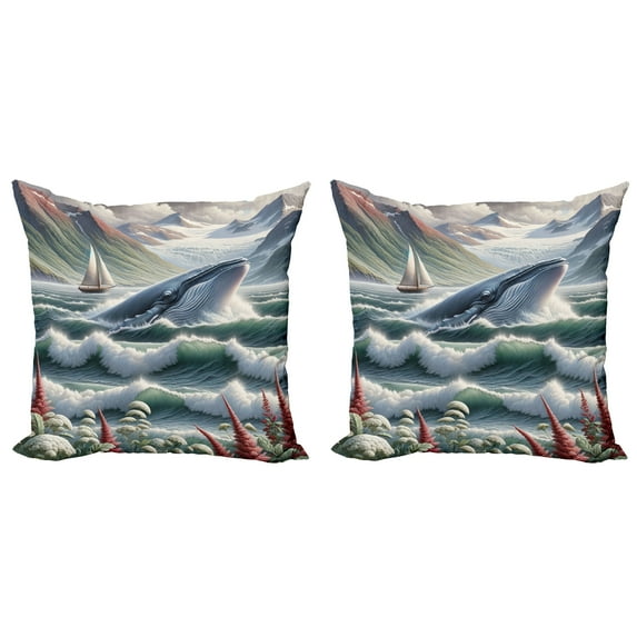 Ambesonne Nautical Throw Pillow Cover 2 Pack, Whale Mountains and Boat, 24", Sea Green Blue and Ruby
