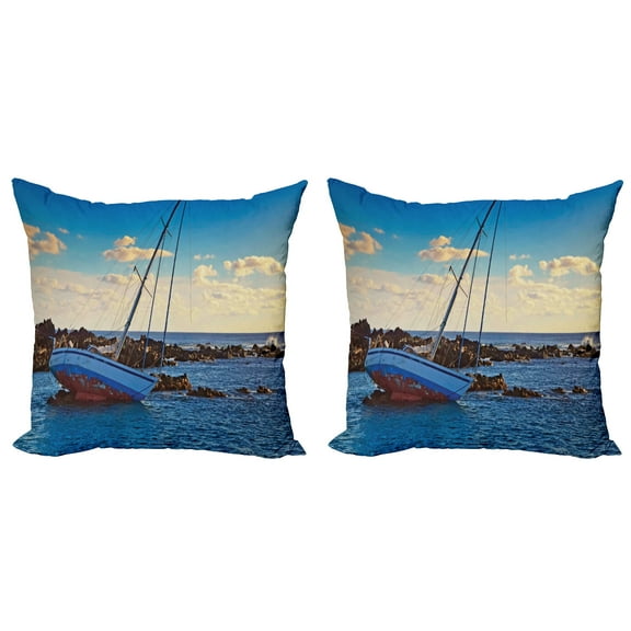Ambesonne Nautical Throw Pillow Cover 2 Pack, Yacht on Rocks Harbor, 24", Blue Brown