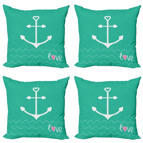 Ambesonne Nautical Throw Pillow Cover 4 Pack, Anchor Heart Shapes, 20", Green Pink White