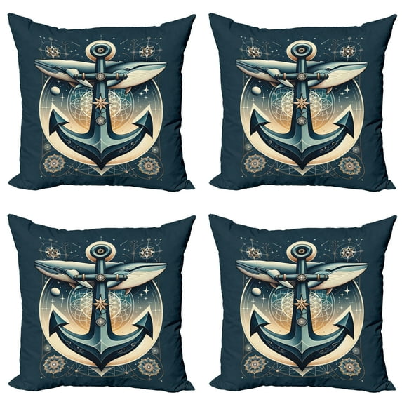 Ambesonne Nautical Throw Pillow Cover 4 Pack, Anchor with Whales Compass, 24", Petrol Blue Beige