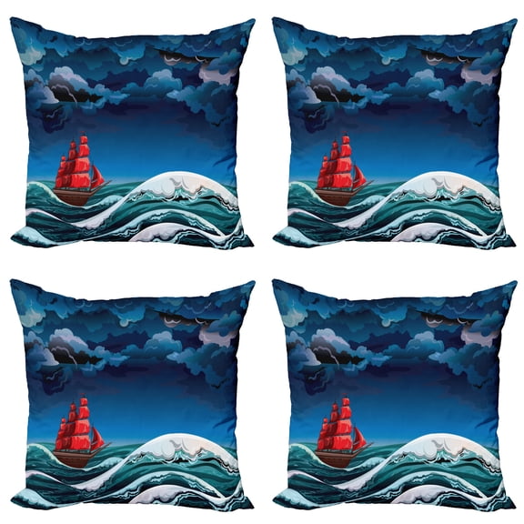 Ambesonne Nautical Throw Pillow Cover 4 Pack, Cartoon Ship on Waves, 20", Blue Orange Plum