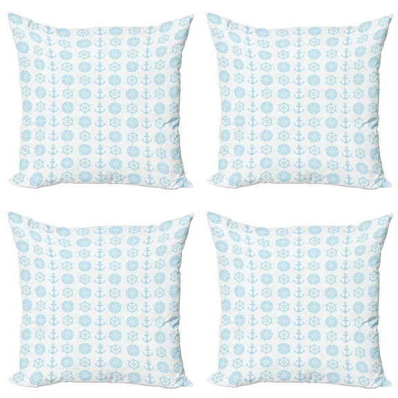 Ambesonne Nautical Throw Pillow Cover 4 Pack, Compass and Anchor, 16", Pale Blue White