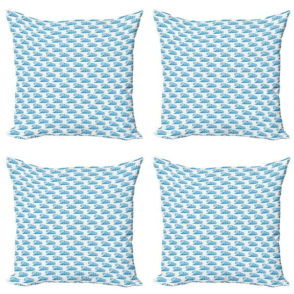 Ambesonne Nautical Throw Pillow Cover 4 Pack, Curling Summer Ocean Waves, 18", Azure Blue and White