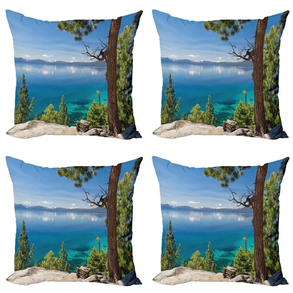 Ambesonne Nautical Throw Pillow Cover 4 Pack, East Shore of Lake, 24", Green Blue