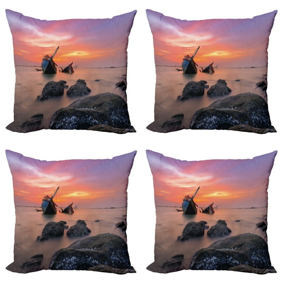 Ambesonne Nautical Throw Pillow Cover 4 Pack, Foggy Water Sunset, 18", Orange Grey