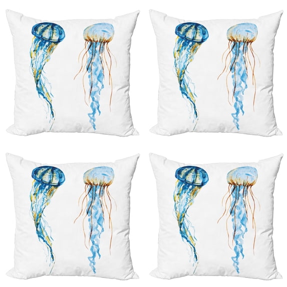 Ambesonne Nautical Throw Pillow Cover 4 Pack, Jellyfish Exotic Sea, 24", Blue