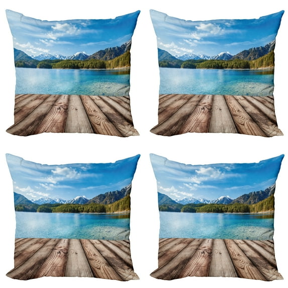 Ambesonne Nautical Throw Pillow Cover 4 Pack, Lake Forest Mountain, 18", Brown Blue