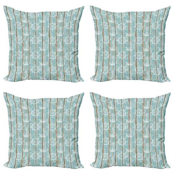 Ambesonne Nautical Throw Pillow Cover 4 Pack, Marine Elements Wood, 16", Turquoise Cocoa White
