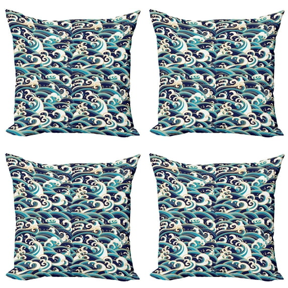 Ambesonne Nautical Throw Pillow Cover 4 Pack, Ocean Waves Pattern, 24", Blue and White