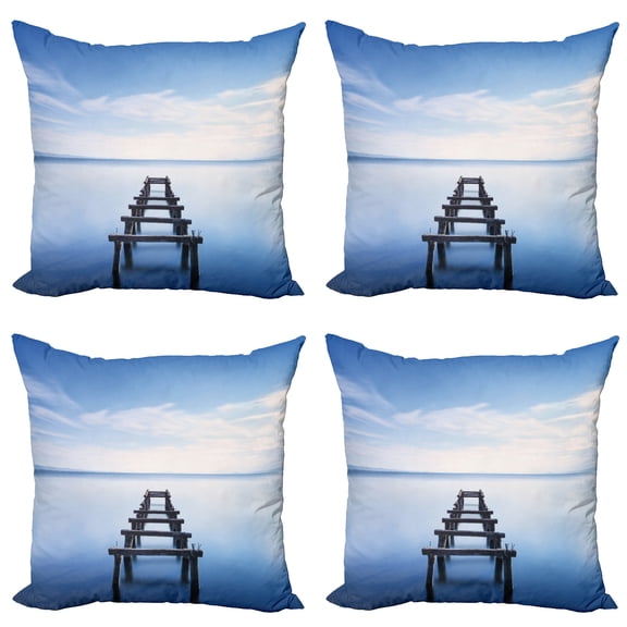 Ambesonne Nautical Throw Pillow Cover 4 Pack, Old Jetty Blue Sky, 16", Blue White Brown
