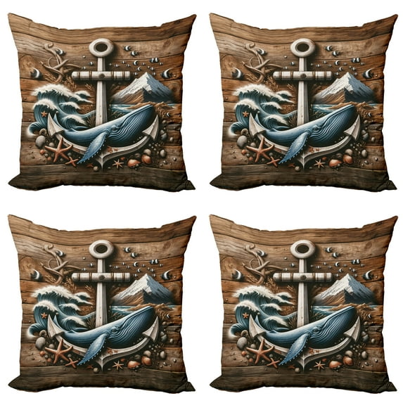Ambesonne Nautical Throw Pillow Cover 4 Pack, Rustic Maritime Anchor Art, 24", Cocoa and Slate Blue