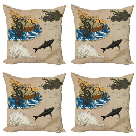 Ambesonne Nautical Throw Pillow Cover 4 Pack, Sea Monsters Pirate, 20", Multicolor