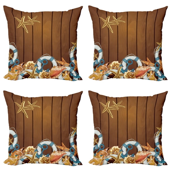 Ambesonne Nautical Throw Pillow Cover 4 Pack, Seashell Anchor Wooden, 20", Brown Blue White