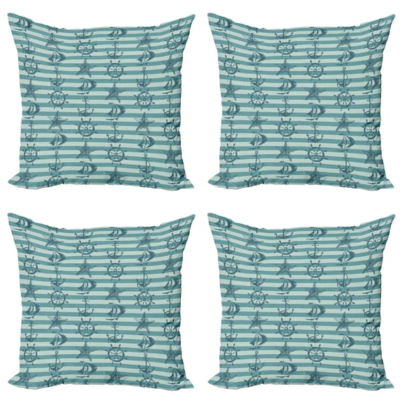 Ambesonne Nautical Throw Pillow Cover 4 Pack, Ship Wheel Anchor, 20", Teal Beige