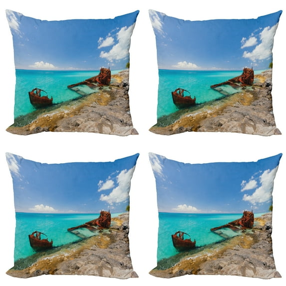 Ambesonne Nautical Throw Pillow Cover 4 Pack, Ship Wreck on Beach, 18", Multicolor