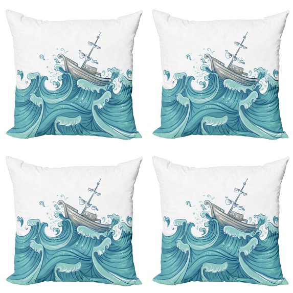 Ambesonne Nautical Throw Pillow Cover 4 Pack, Ship and Ocean Waves, 24", Aqua Taupe