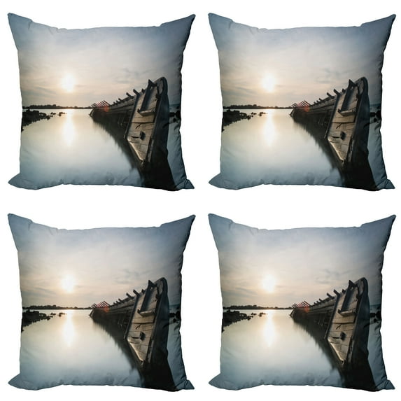 Ambesonne Nautical Throw Pillow Cover 4 Pack, Sinking Boat Sunset, 18", Pale Blue Brown