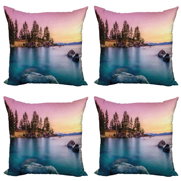 Ambesonne Nautical Throw Pillow Cover 4 Pack, Tranquil Serene View, 18", Pink Blue