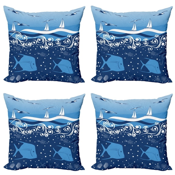 Ambesonne Nautical Throw Pillow Cover 4 Pack, Underwater Life Sail, 20", Blue White