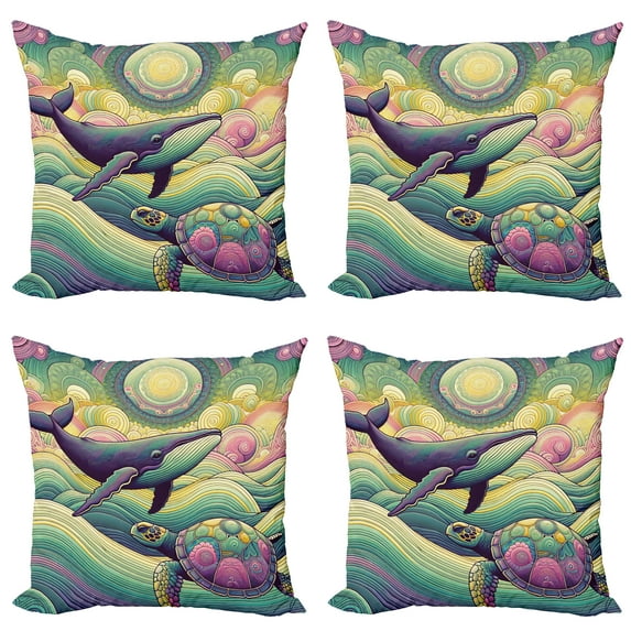 Ambesonne Nautical Throw Pillow Cover 4 Pack, Whale and Turtle Hippie, 24", Seafoam Purple and Pink