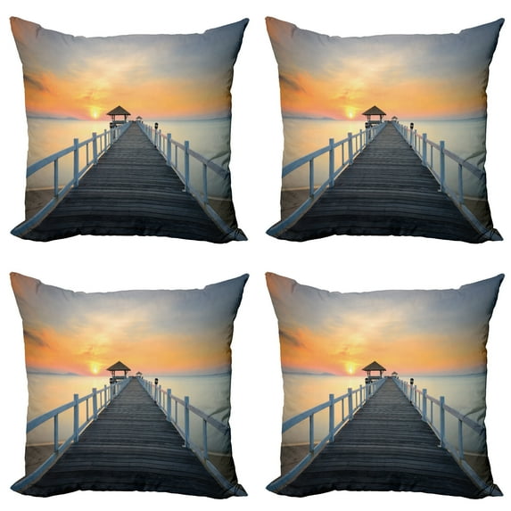 Ambesonne Nautical Throw Pillow Cover 4 Pack, Wood Path on Beach, 24", Pale Blue Orange