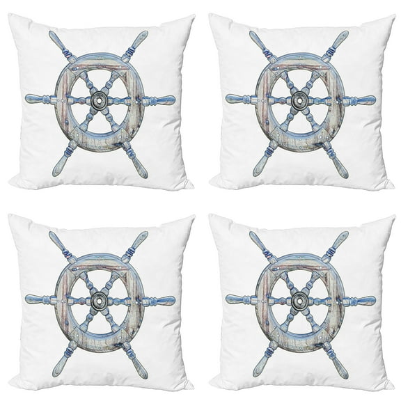 Ambesonne Nautical Throw Pillow Cover 4 Pack, Wooden Ship Wheel, 16", Blue White