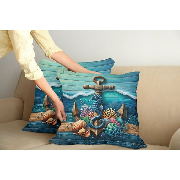 Ambesonne Nautical Throw Pillow Cover Pack of 2, Anchor Deep Ocean Life, 2 Pcs-16"x16", Sea Blue Amber Teal