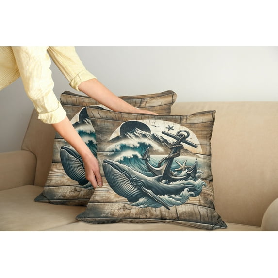 Ambesonne Nautical Throw Pillow Cover Pack of 2, Cottage Anchor Whale Waves, 2 Pcs-16"x16", Brown and Slate Blue