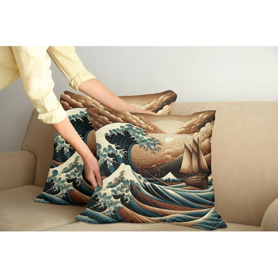 Ambesonne Nautical Throw Pillow Cover Pack of 2, Ethnic Japanese Ocean Boat, 2 Pcs-36"x16", Cinnamon and Petrol Blue