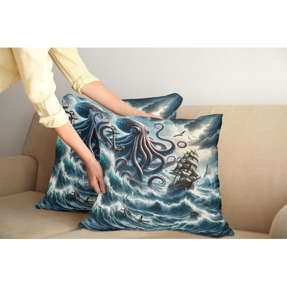 Ambesonne Nautical Throw Pillow Cover Pack of 2, Fantasy Sea World Kraken, 2 Pcs-18"x18", Teal Mauve