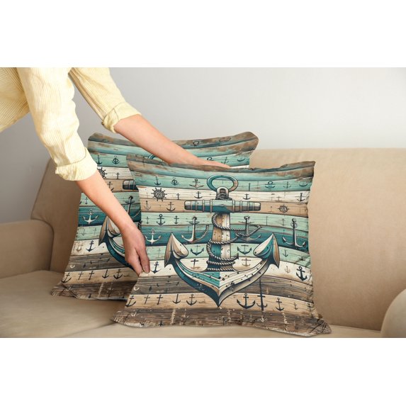 Ambesonne Nautical Throw Pillow Cover Pack of 2, Rustic Anchor Wooden Look, 2 Pcs-36"x36", Teal Seafoam Pale Brown