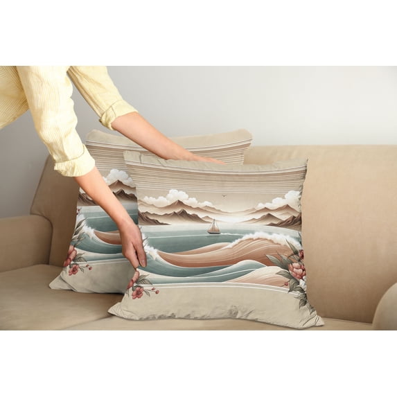 Ambesonne Nautical Throw Pillow Cover Pack of 2, Serene Horizon Sailboat, 2 Pcs-18"x18", Tan Sepia and Pale Seafoam