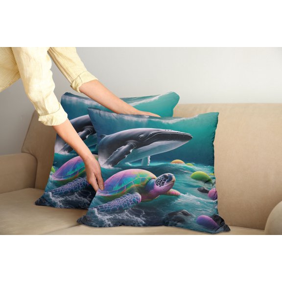 Ambesonne Nautical Throw Pillow Cover Pack of 2, Trippy Turtle with a Whale, 2 Pcs-16"x16", Teal Multicolor