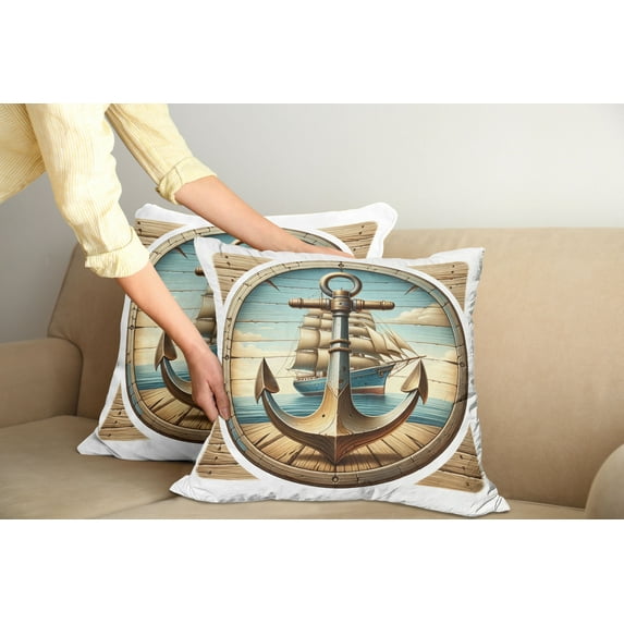 Ambesonne Nautical Throw Pillow Cover Pack of 2, Vintage Maritime Anchor, 2 Pcs-26"x16", Pale Brown and Soft Blue